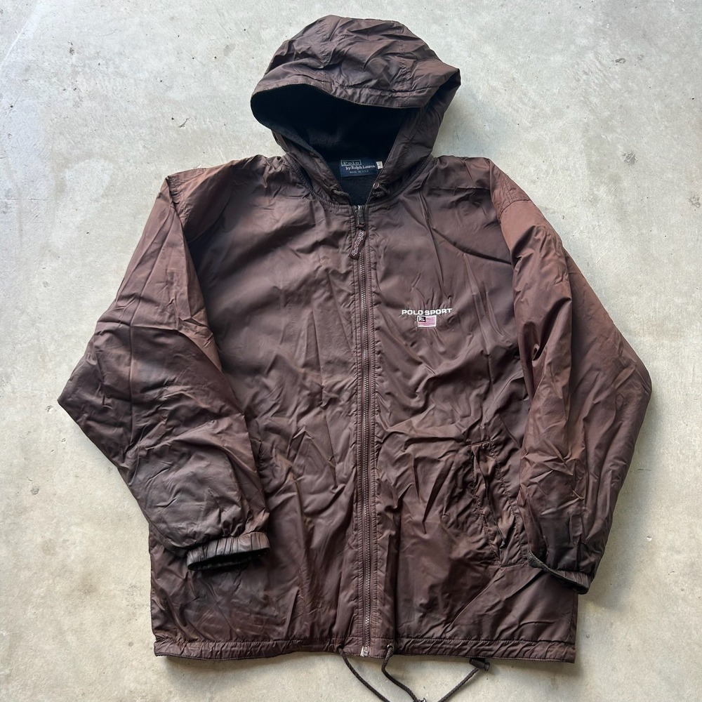 Vintage Polo Sport Ralph Lauren Hooded Jacket Brown Fleece Lined Made in USA L